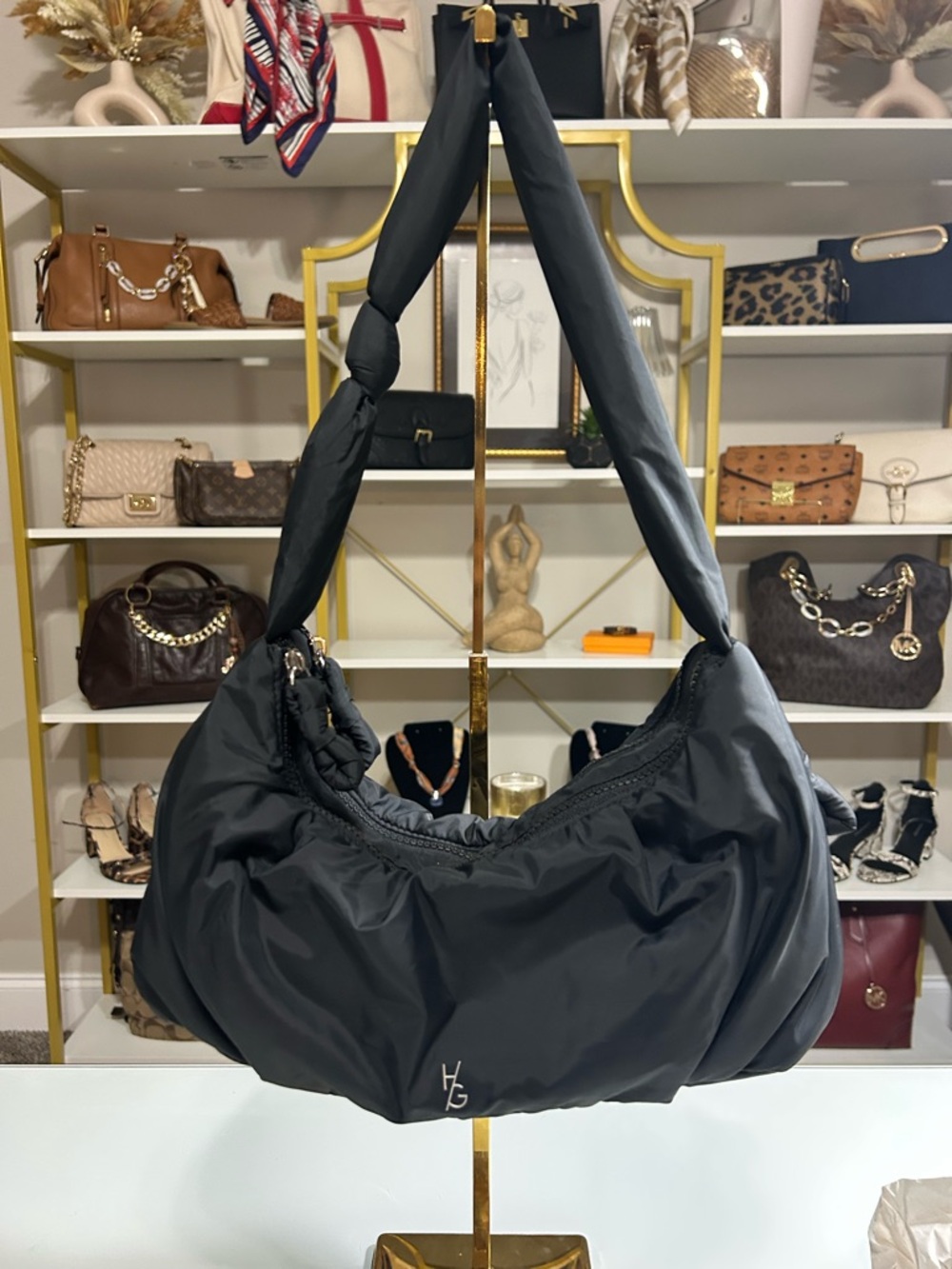 “Happily Grey” Black Padded Shoulder Bag with Knotted Strap